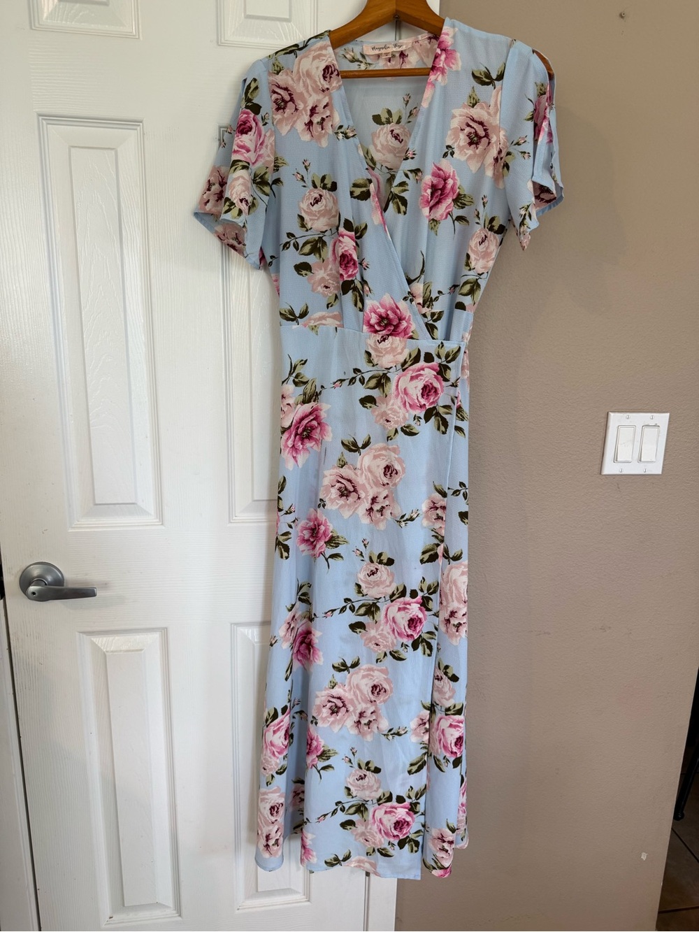 Light Blue Floral Maxi Dress with Pink Rose Print